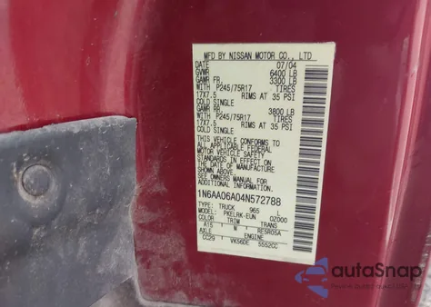 2004 Nissan Titan Xe from USA, damaged, VIN 1N6AA06A04N572788